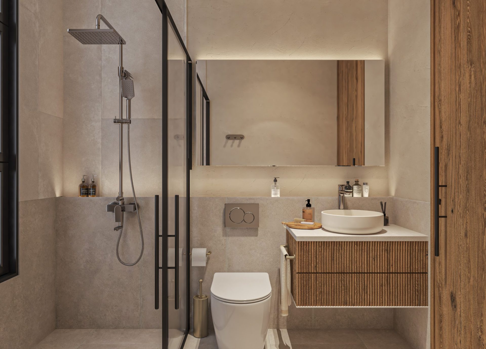 Moderne badkamer met inloopdouche, houten wastafel en minimalistische inrichting, passend bij de Majestic Apartments & Hotel in Curaçao.