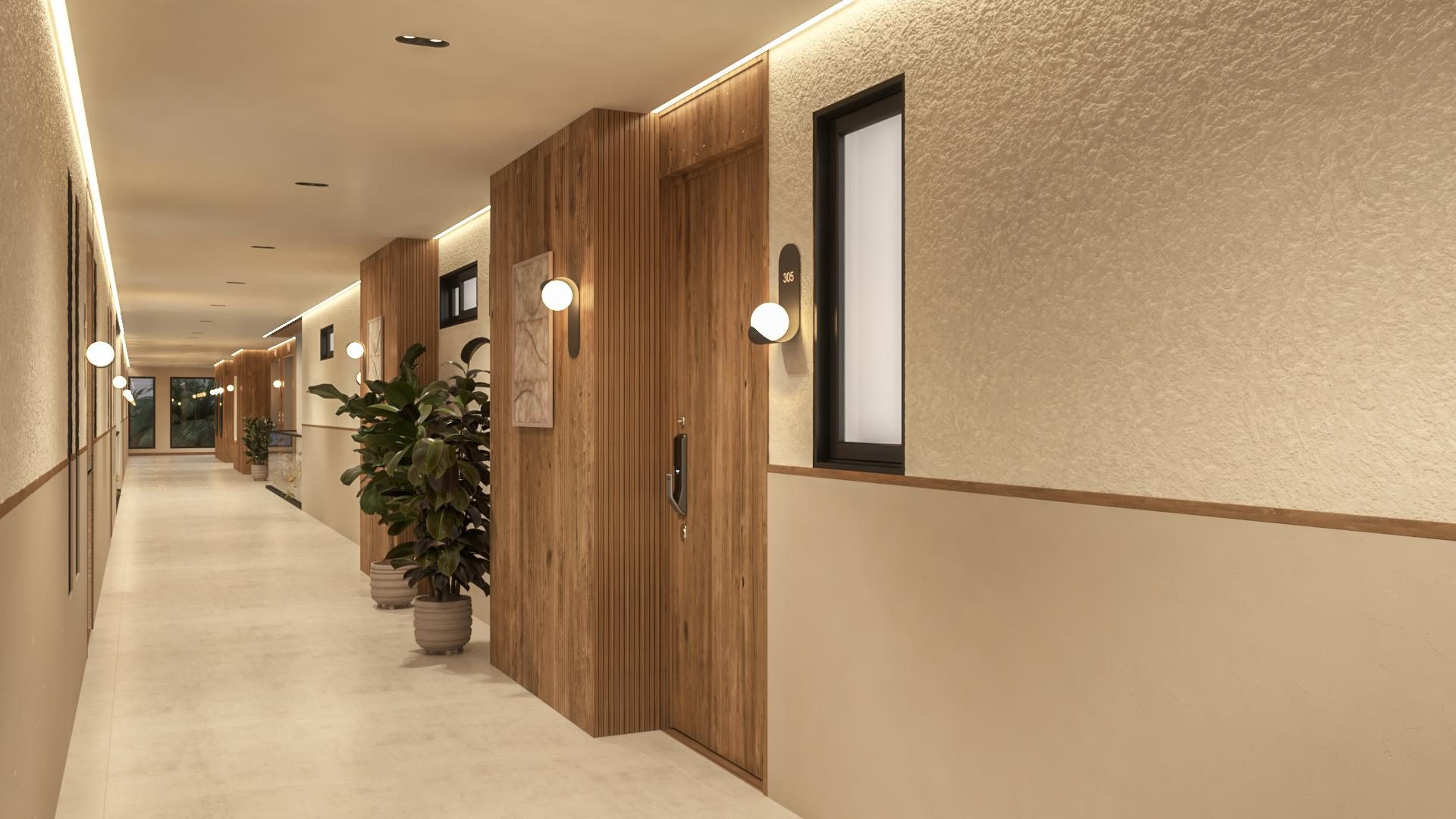 Modern hotel corridor with wooden accents, stylish lighting, and potted plants, featuring room number 305 on the door, reflecting the contemporary design of Majestic Apartments & Hotel in Curaçao.