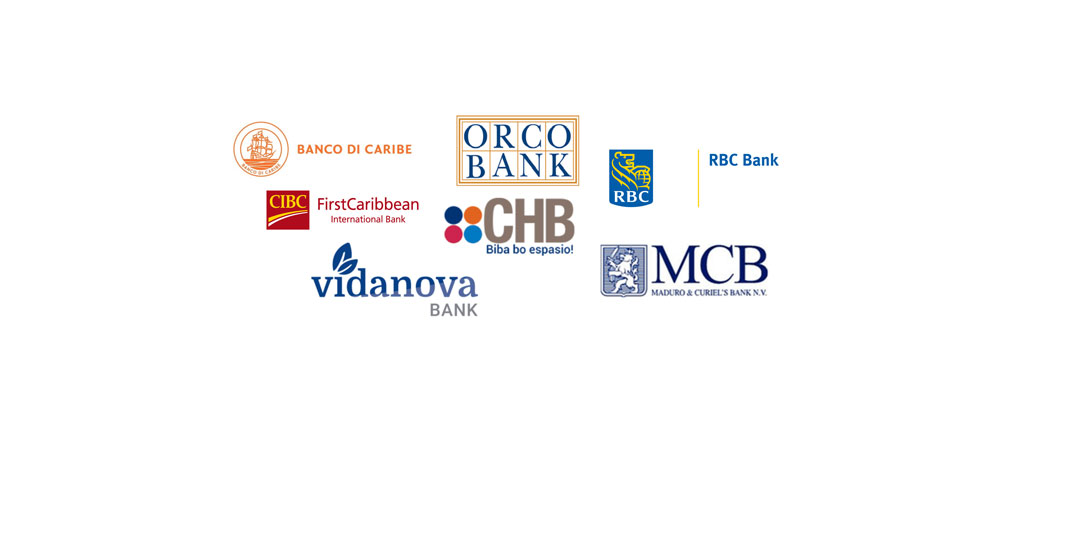 Logos of various banks including Banco di Caribe, ORCO Bank, FirstCaribbean International Bank, CHB, vidanova Bank, RBC Bank, and MCB, representing mortgage financing options in the Caribbean.
