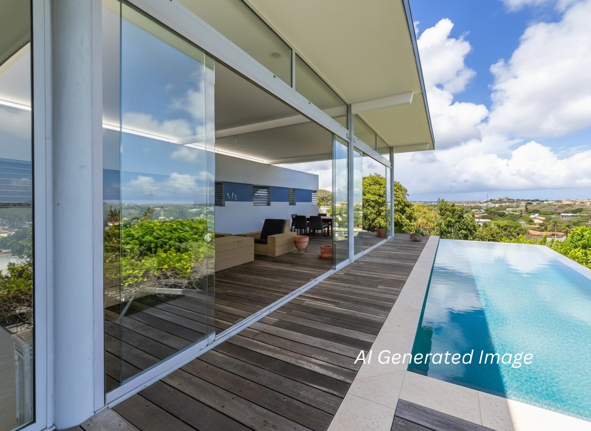 Curaçao real estate for sale contemporary terrace dining space beside infinity pool under covered patio.