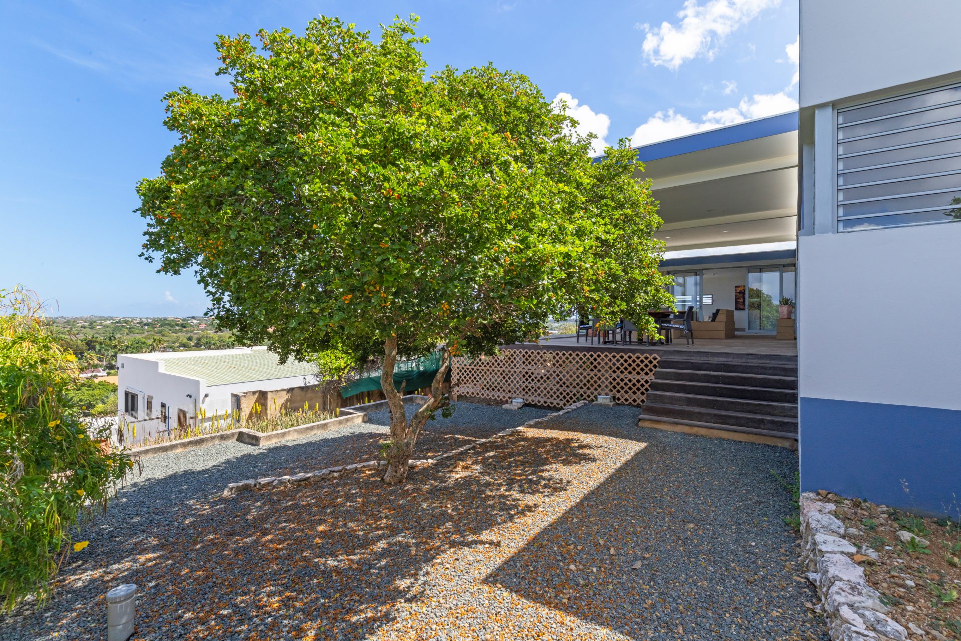 Curaçao real estate for sale front exterior view of modern blue-accented home with landscaped garden.