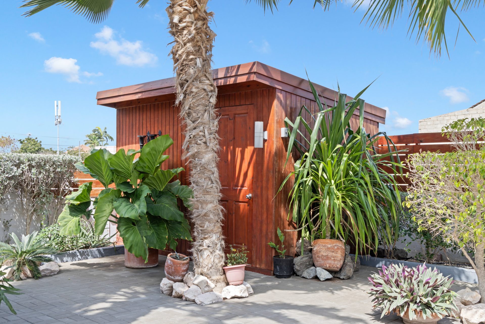 jan thiel villa for sale - garden shed surrounded by palm trees and lush landscaping