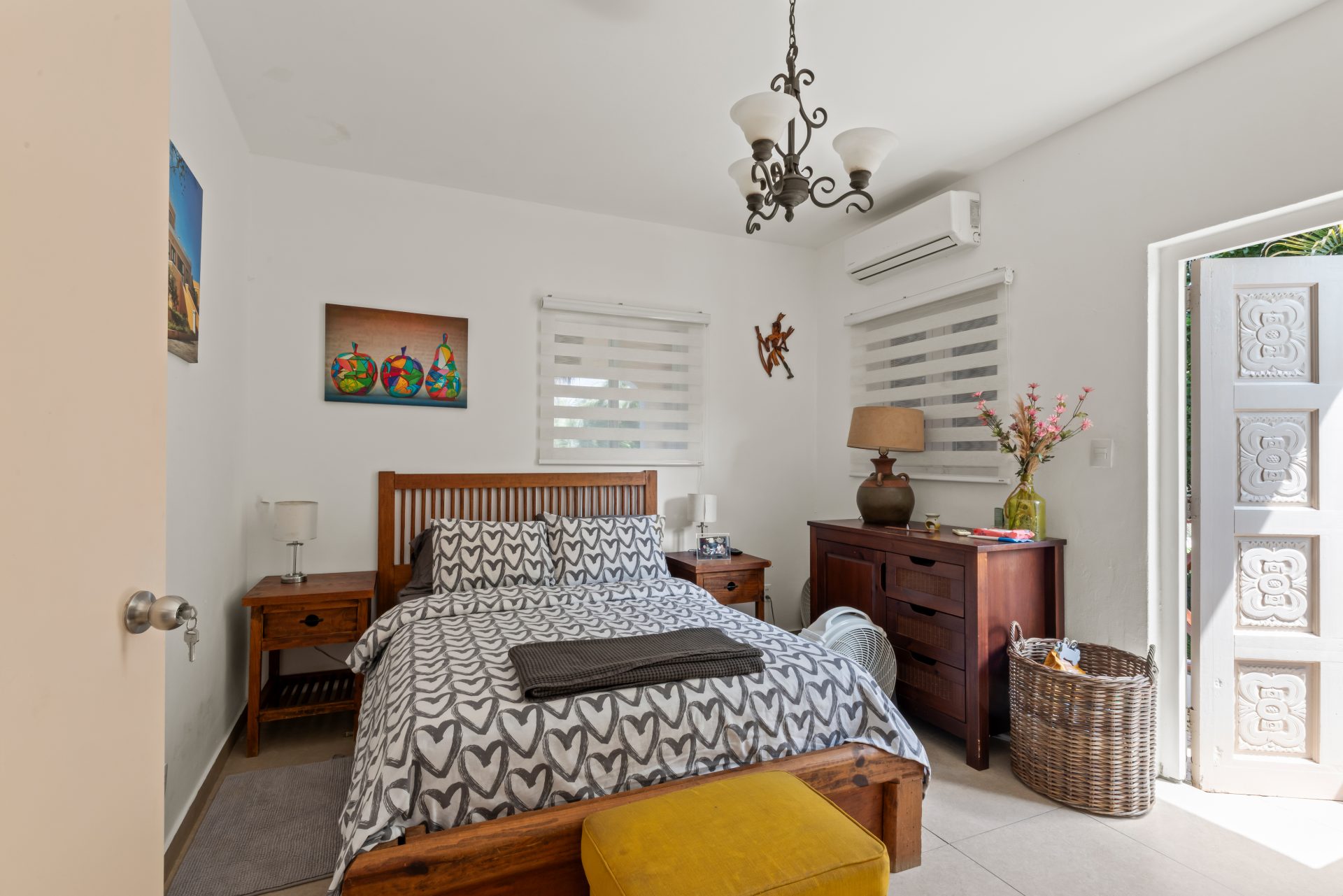 jan thiel villa for sale - cozy bedroom with double bed and decorative lighting